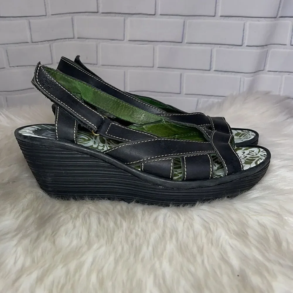Fly London Black Matte Leather Wedge Sandals‎ Sz 40